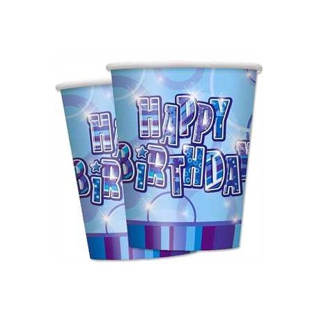 Vasos Happy Birthday azul glitz